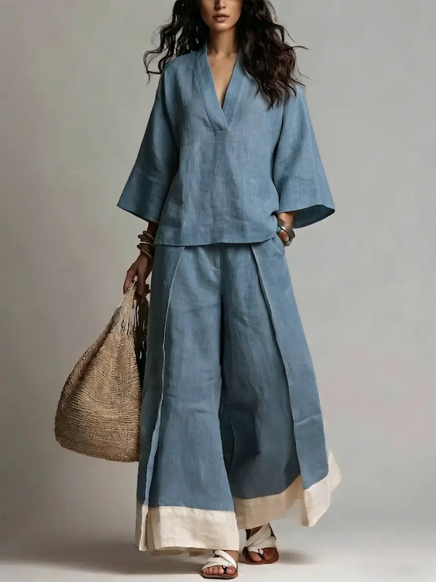 Winter Clothing Sale - ชุดเซ็ตผ้าฝ้ายลินินคอวีสำหรับฤดูร้อน สไตล์ฝรั่งเศส เรียบหรู สบายๆ สำหรับวันหยุด แขนสามส่วน