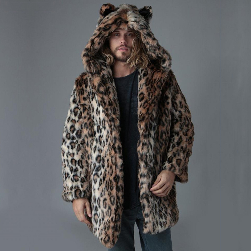Winter Clothing Clearance - เสื้อแจ็คเก็ตขนเฟอร์เทียมผู้ชาย เสื้อโค้ทฤดูหนาว หนา มีฮู้ด ลายเสือดาว ความยาวปานกลาง