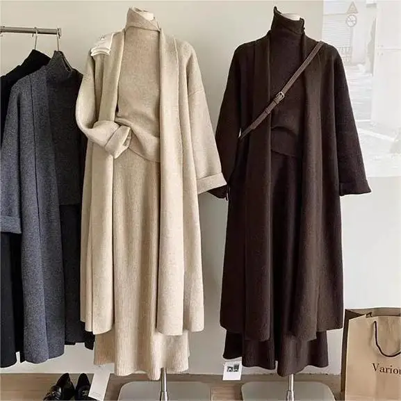 Winter Clothing Sale - สามชิ้นชุดผู้หญิงยาวเสื้อกันหนาว 2025 ชุดจัมเปอร์ถักฤดูใบไม้ผลิฤดูใบไม้ร่วงฤดูหนาวถักเสื้อสเวตเตอร์ถัก Y2k กระโปรงเอวสูง