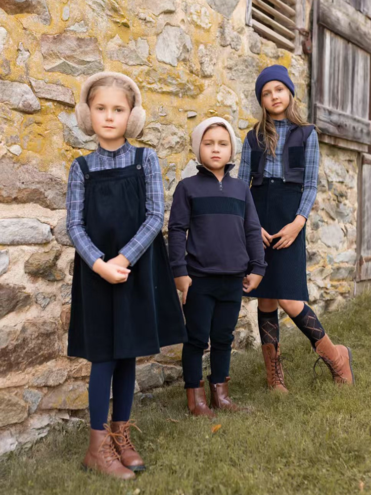Winter Clothing Kids - AP 2025 AW Corduroyคอลเลกชันน้ําเงินเด็กหญิงเด็กชายชุดจัมเปอร์กระโปรงครอบครัวจับคู่เสื้อผ้าสบายๆลายสก๊อตเสื้อผ้า