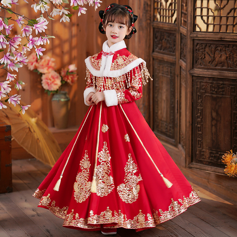 Winter Clothing Kids - หญิงสีแดงจีนใหม่ปีเสื้อผ้าเด็กฤดูหนาว Tang ชุด Cheongsam ดอกไม้สาวชุดโบราณเจ้าหญิง Hanfu
